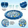 A blue inflatable alphabet splash pad featuring animal designs and water sprinklers