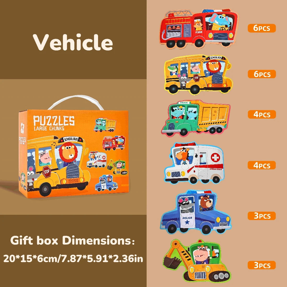 A set of six colorful vehicle puzzles and construction toys for children