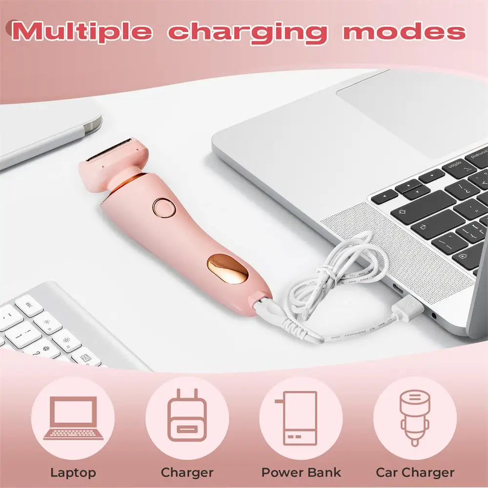 A pink electric hair removal and trimming device is shown next to a laptop, charger, power bank, and car charger.
