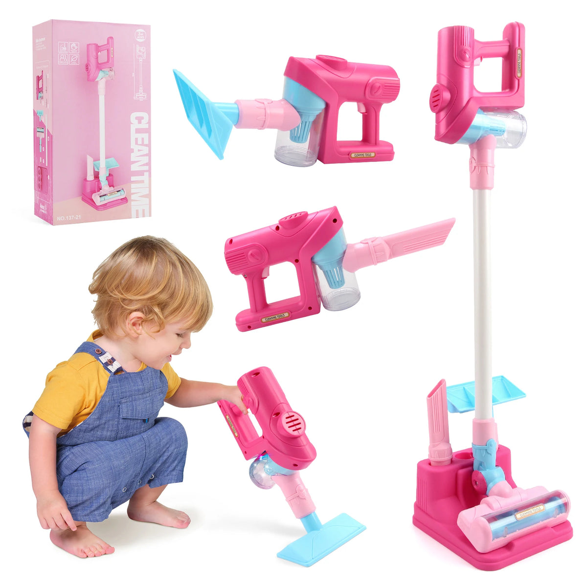 A pink kids toy vacuum cleaner is shown with various attachments and a child playing with it.