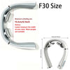 A silver TENS pulse neck and shoulder massager is shown with its unfolded size and a view of the device shape.