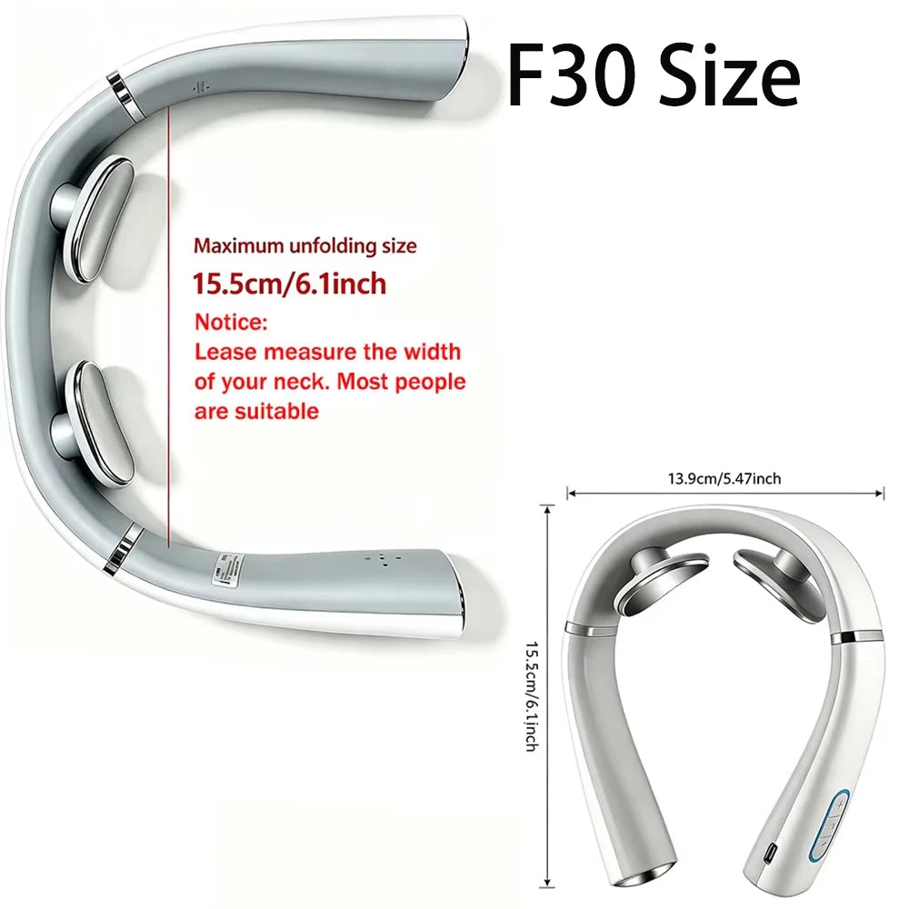 A silver TENS pulse neck and shoulder massager is shown with its unfolded size and a view of the device shape.