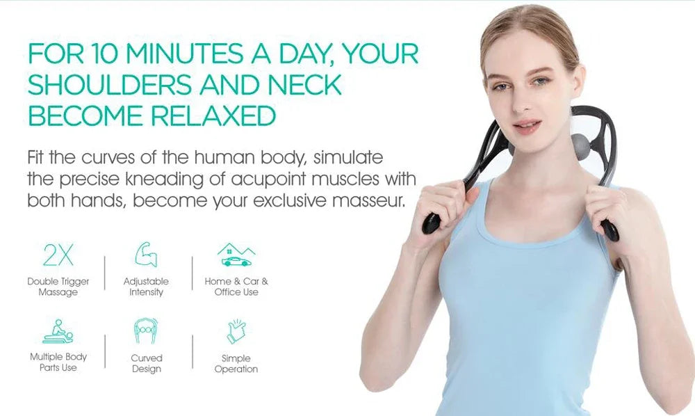 Mujer usando un masajeador shiatsu portátil negro en cuello y hombros.