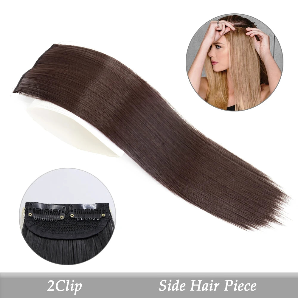 A side hair piece of dark brown hair shown alongside a model's styled hair and the clip-in hair pad.