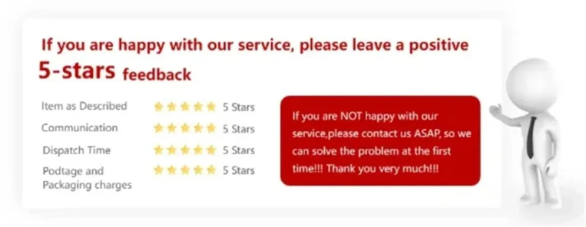 A text box asking for 5-star feedback on a service with ratings for item as described, communication, dispatch time, and post