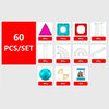 A set of magnetic building blocks tiles in various colors and shapes, packaged as 60 pieces per set.