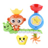 A set of cartoon monkey water spray bath toys featuring a yellow head, orange body, and blue spray nozzle.