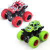 A black and red pull-back stunt SUV toy car with large tires and a green and black body.