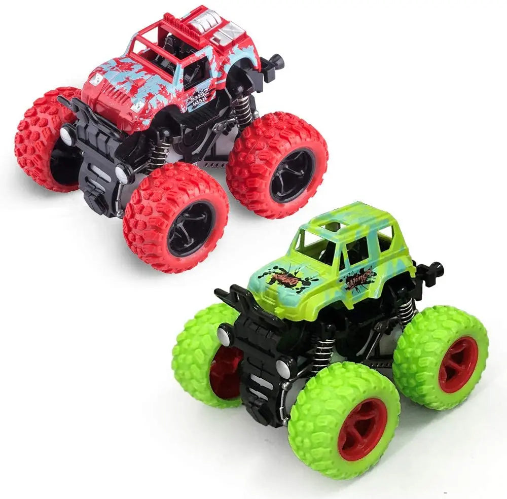 A black and red pull-back stunt SUV toy car with large tires and a green and black body.
