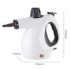 A white portable handheld steam cleaner with a black handle and nozzle, shown against a white background.