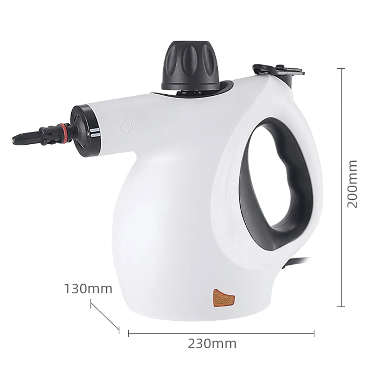 A white portable handheld steam cleaner with a black handle and nozzle, shown against a white background.