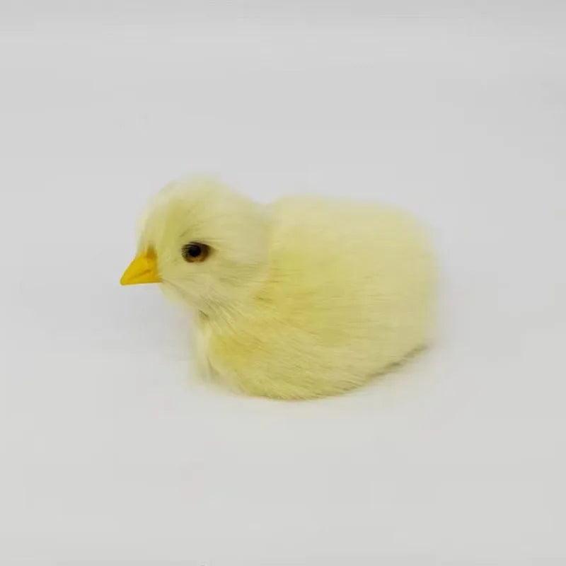 Liten, fluffy gul kyllingleke med gult nebb på hvit bakgrunn.