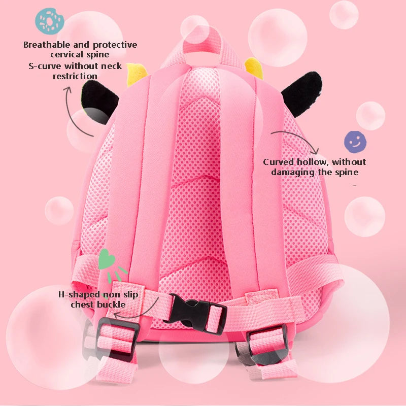 Pink 3D animal kids backpack for toddlers featuring an S-curve spine and H-shaped chest buckle