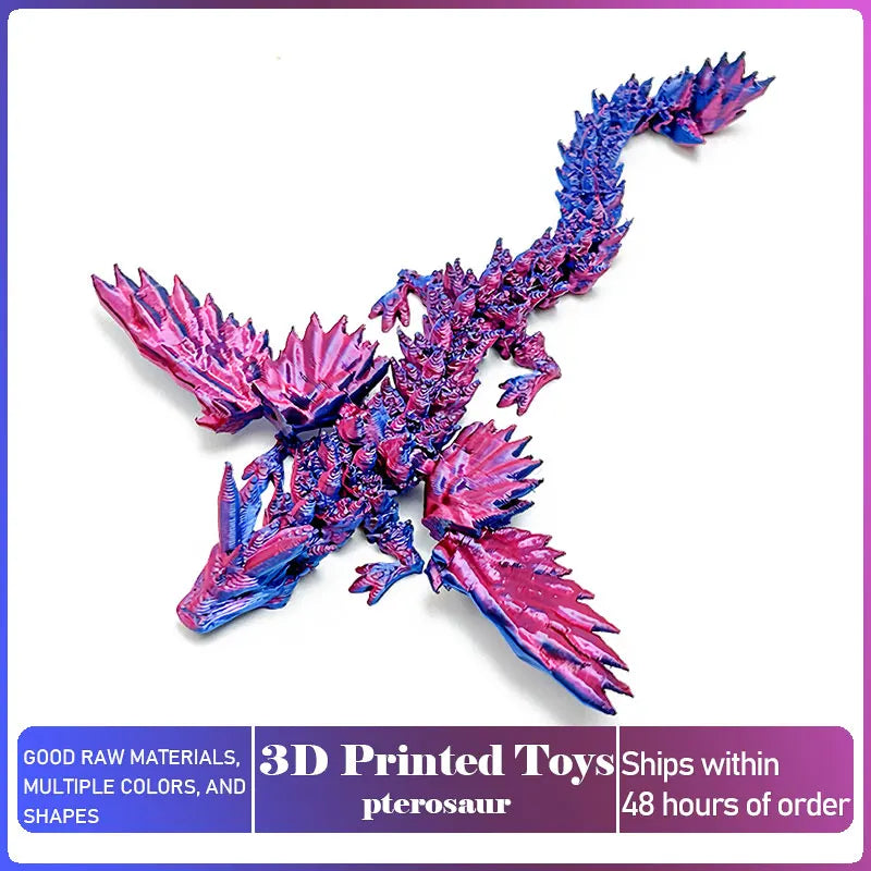 Figurina vibrante de pterosaurio en 3D, morada y rosa, con escamas detalladas.