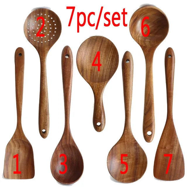 A set of seven natural teak wood cooking utensils, numbered 1 through 7, are displayed against a white background.