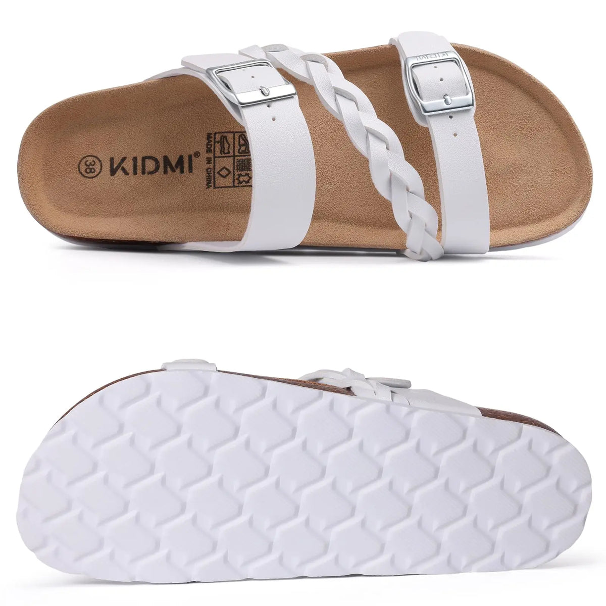White slide sandals with cork footbeds and white braided straps shown from the side and bottom.