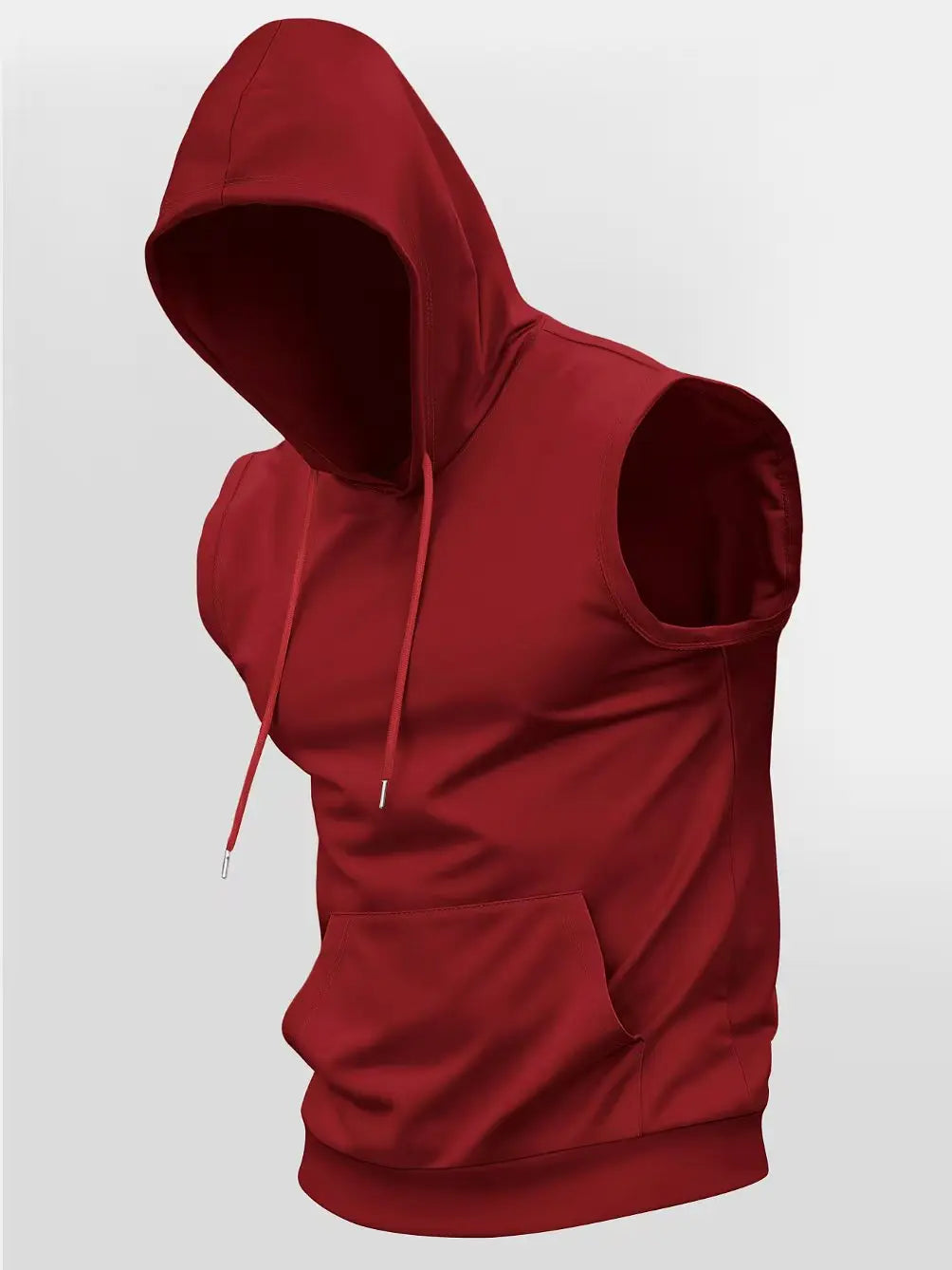 A maroon men's performance hooded tank top shown from the front.