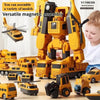 A yellow magnetic engineering car robot building blocks toy set with various models assembled and loose parts shown.