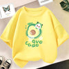 A bright yellow kids t-shirt featuring a cute green avocado print.