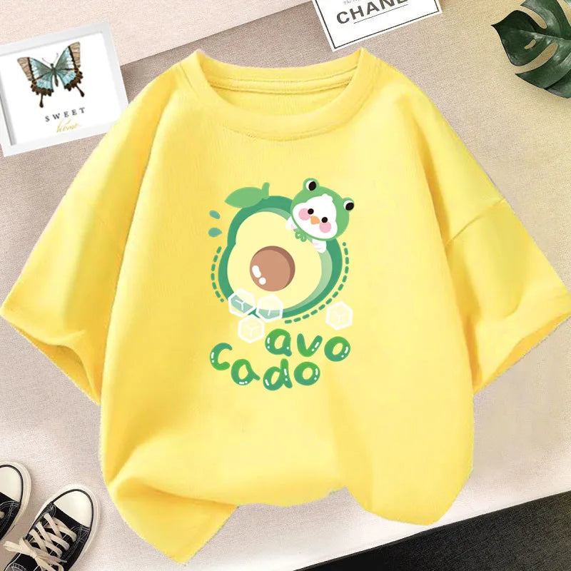 A bright yellow kids t-shirt featuring a cute green avocado print.