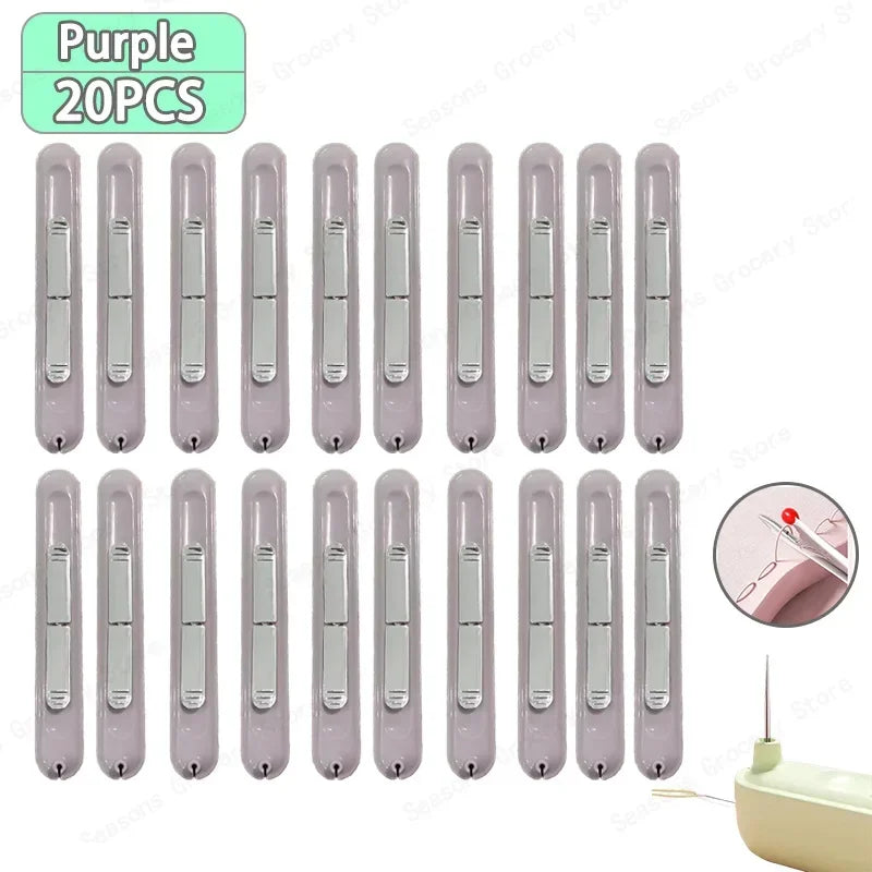 A set of purple needle threaders and seam rippers, including 20 pieces.