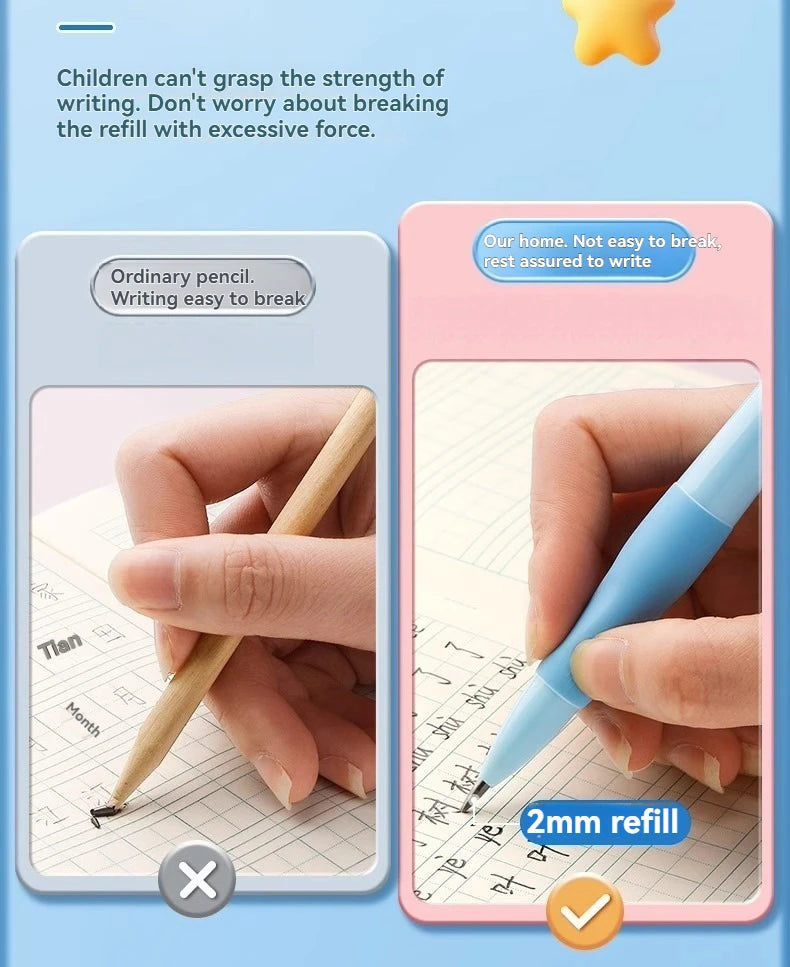 A comparison showing how children can't grasp the strength of writing with an ordinary pencil versus a 2mm refill mechanical 