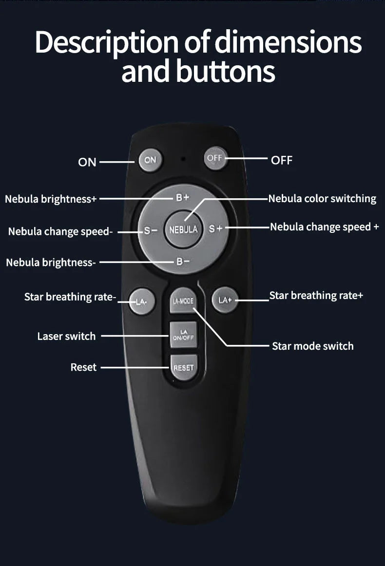 Diagram showing the dimensions and buttons of an Astronaut Star Projector night light.