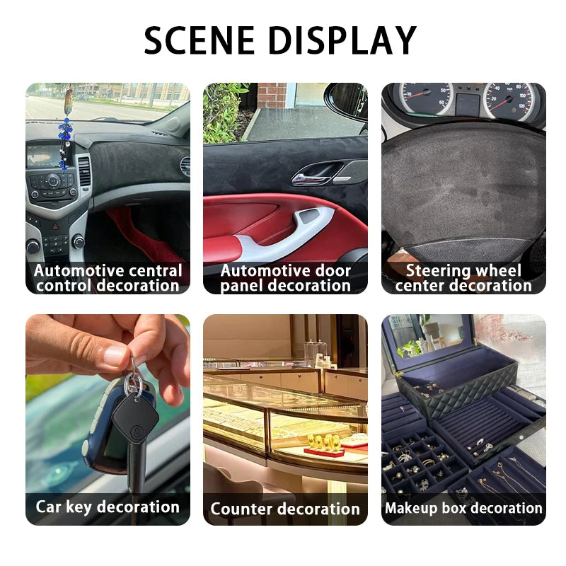 Colección de artículos de decoración automotriz y personal: panel de puerta, volante, llavero, mostrador y maquillaje.