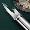 A stainless steel shrimp peeler and deveiner tool set is shown next to a platter of peeled shrimp.
