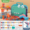 A teal suitcase contains a Pretend Play Repair Tool Kit with power screwdriver, including various tools and screws for kids.