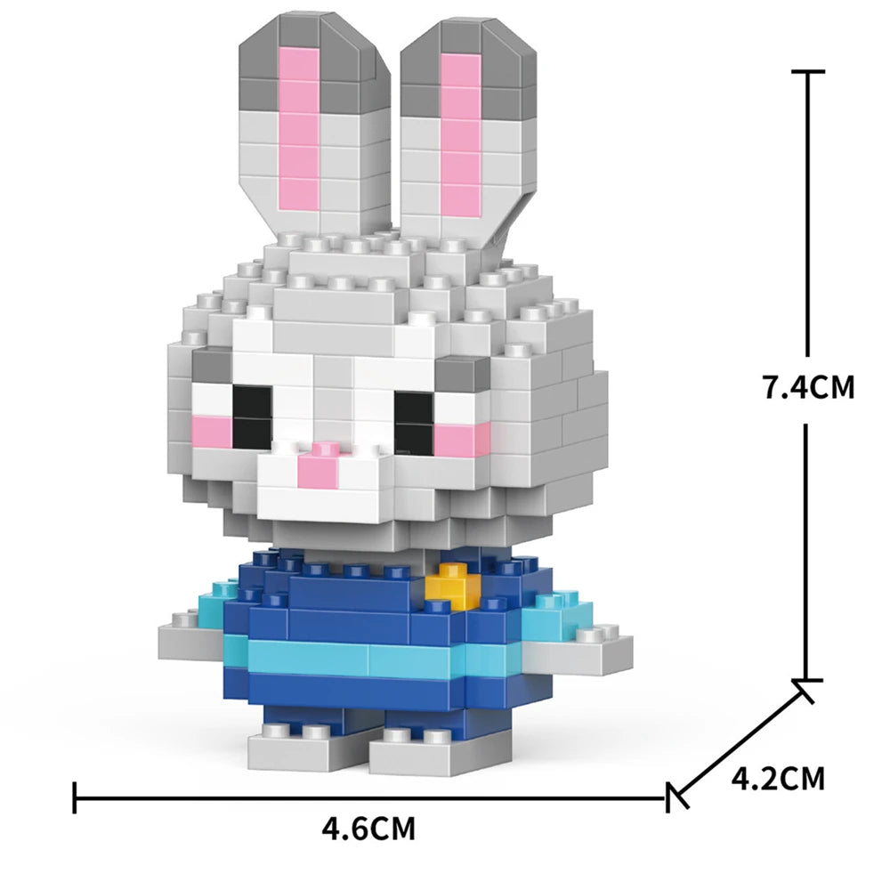 A grey and pink rabbit figurine made of micro building blocks, shown with dimensions.