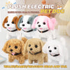 A collection of plush electric pet dog toys in various colors and breeds, demonstrating walking, barking, and wagging head an