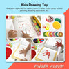 A set of kids finger painting tools and an activity book showing handprints and drawings.