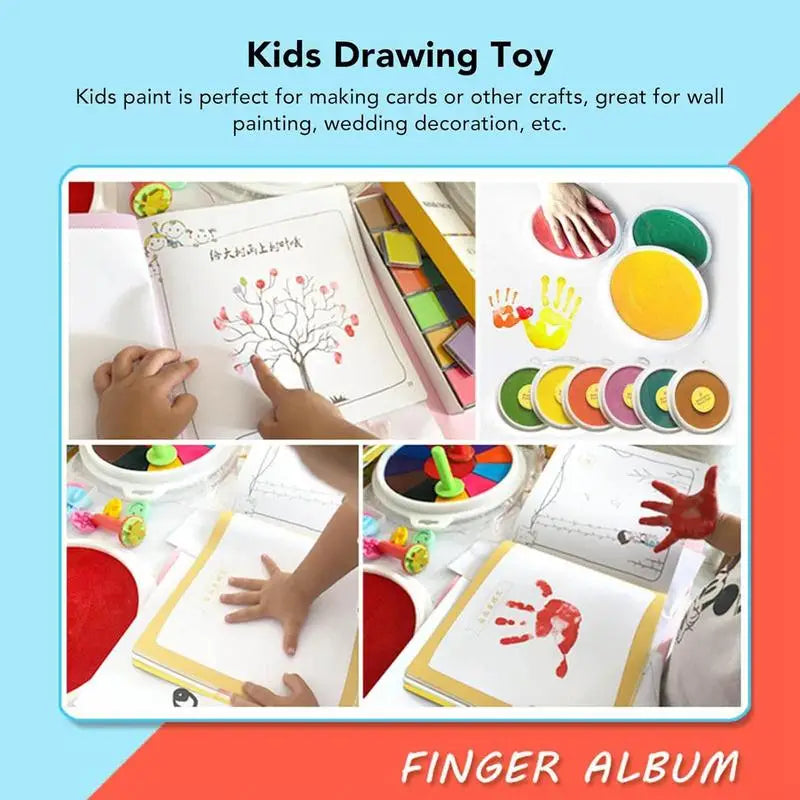 A set of kids finger painting tools and an activity book showing handprints and drawings.