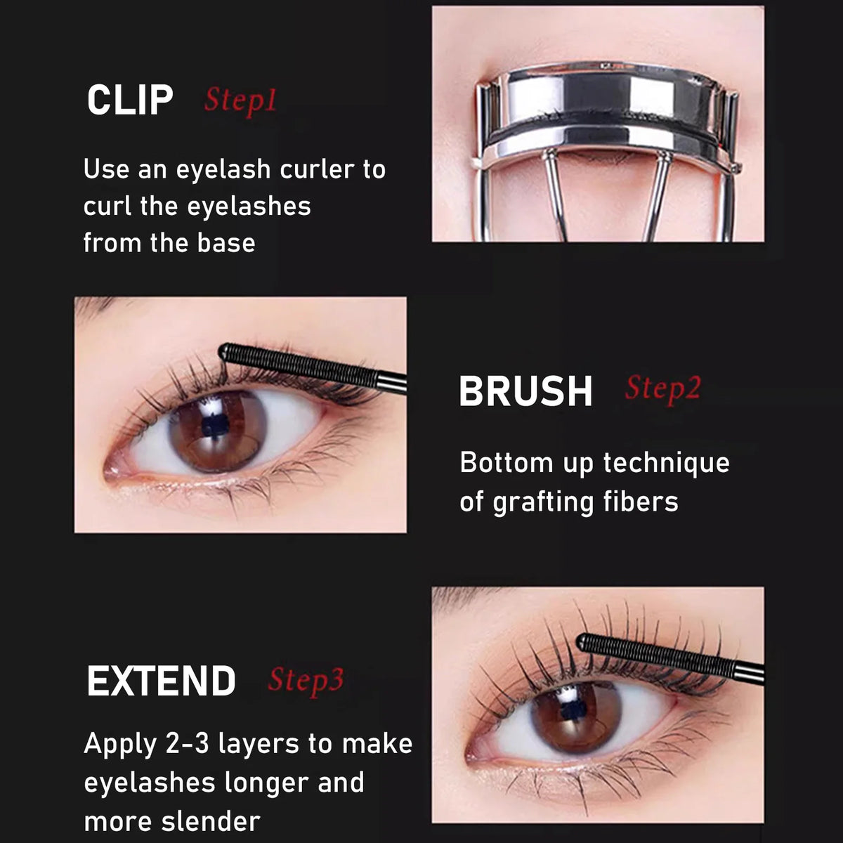 Step-by-step guide showing how to curl, graft fibers, and extend eyelashes using a brush tool.