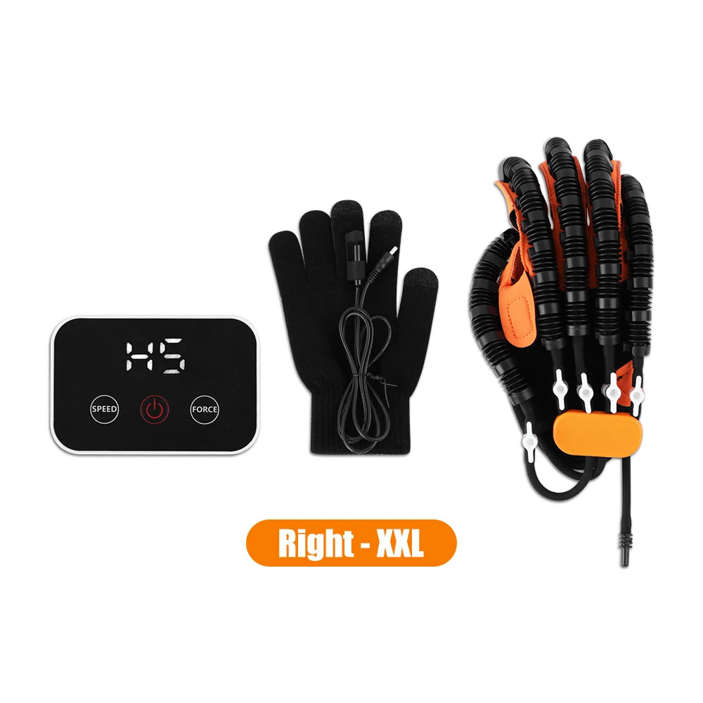 Black hand rehabilitation robot glove with orange accents and a power switch display