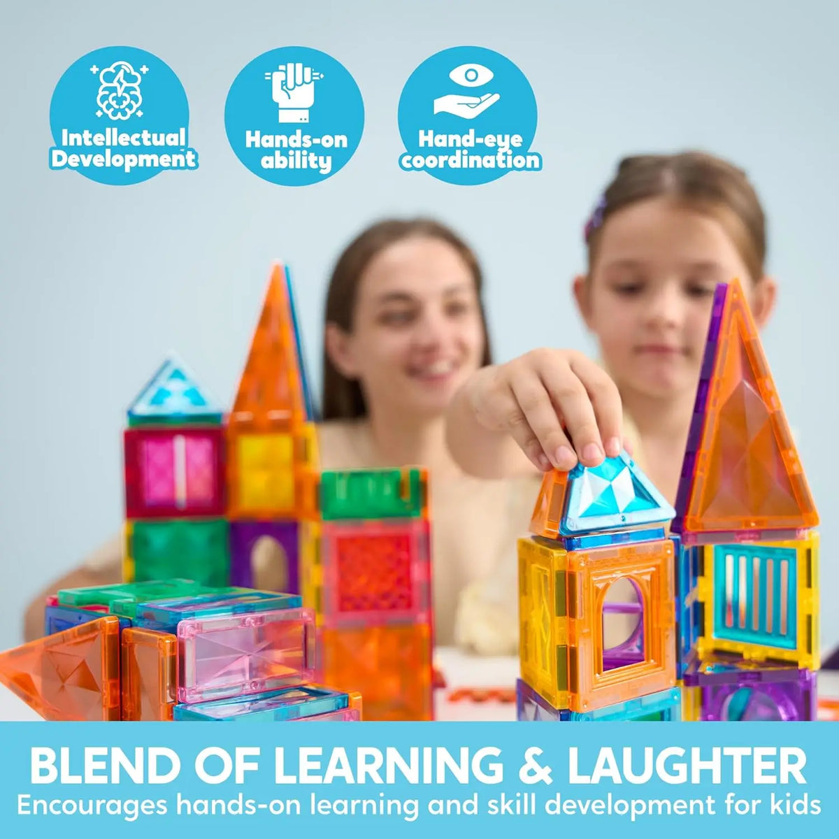 A set of colorful magnetic building tiles used for hands-on learning and skill development.