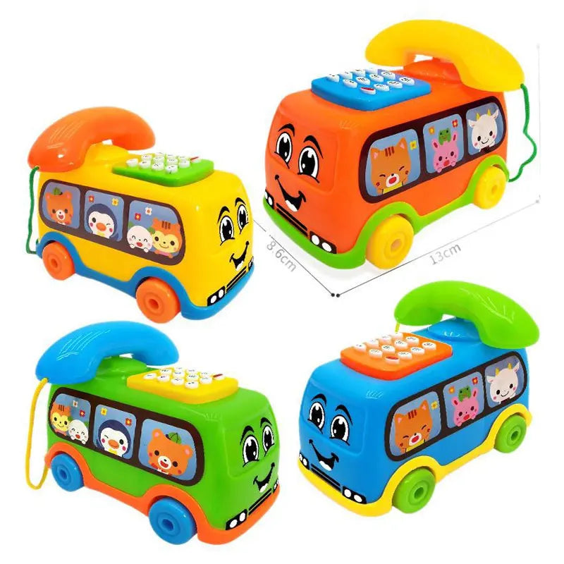 An orange and blue interactive bus phone toy for toddlers with various animal figures inside.