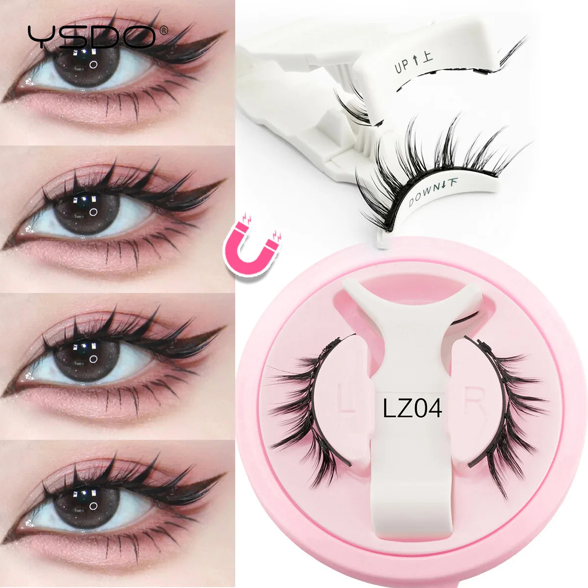 Un gros plan sur des cils en vison magnétiques 3D et une pince à applicateur sur un support en plastique rose.