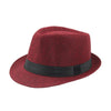 A maroon felt fedora hat with a black band and wide brim.