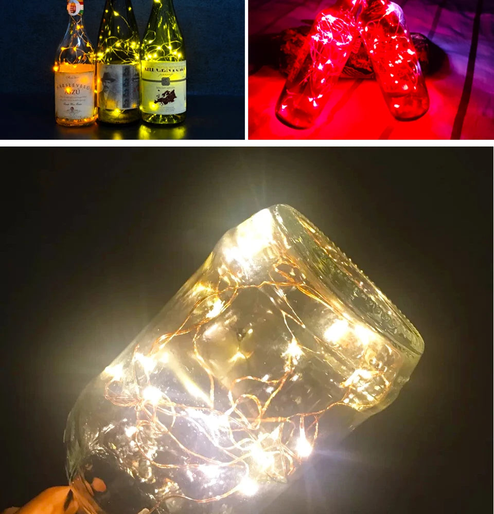 A close-up of a glass bottle filled with LED fairy lights, illuminating the interior and exterior.
