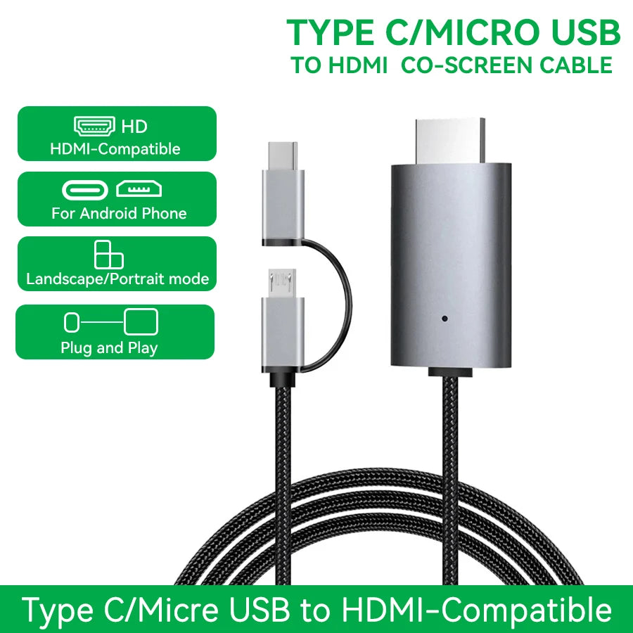 Type C/Micro USB to HDMI Co-Screen Cable with an adapter and black cable.