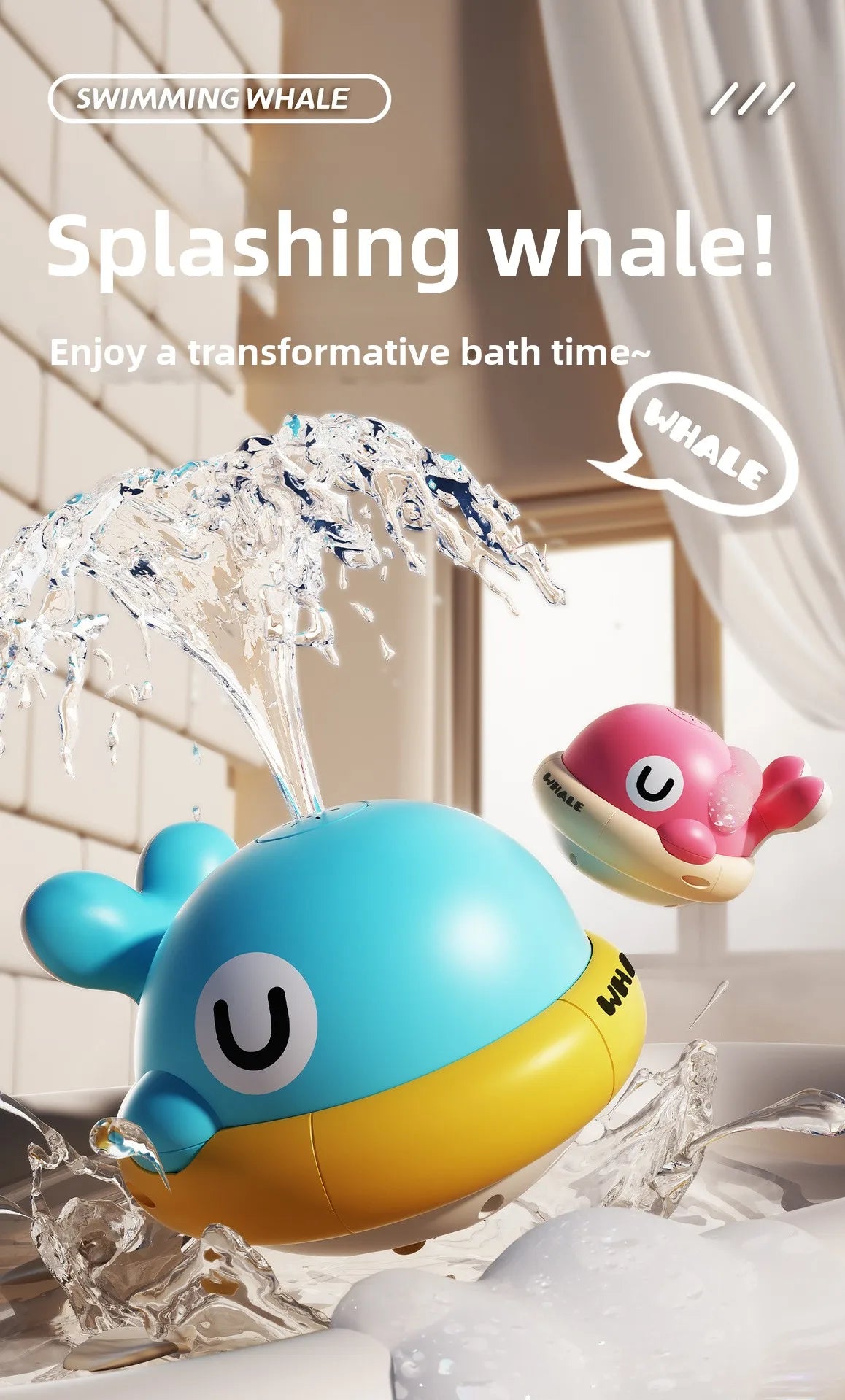 A blue and yellow musical light-up whale bath toy spraying water in a bathtub.