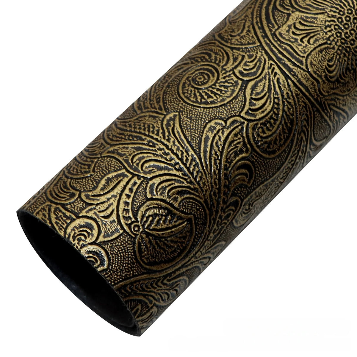 Roll of vintage floral textured faux leather fabric with gold and black patterns