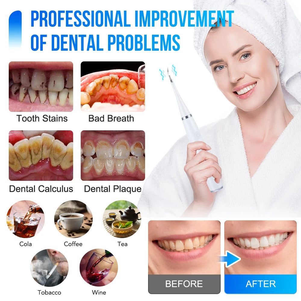 Mujer usa cepillo sónico y kit de limpieza para mejorar problemas dentales.