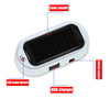 Dispositivo con panel solar blanco, LED y cargador USB.