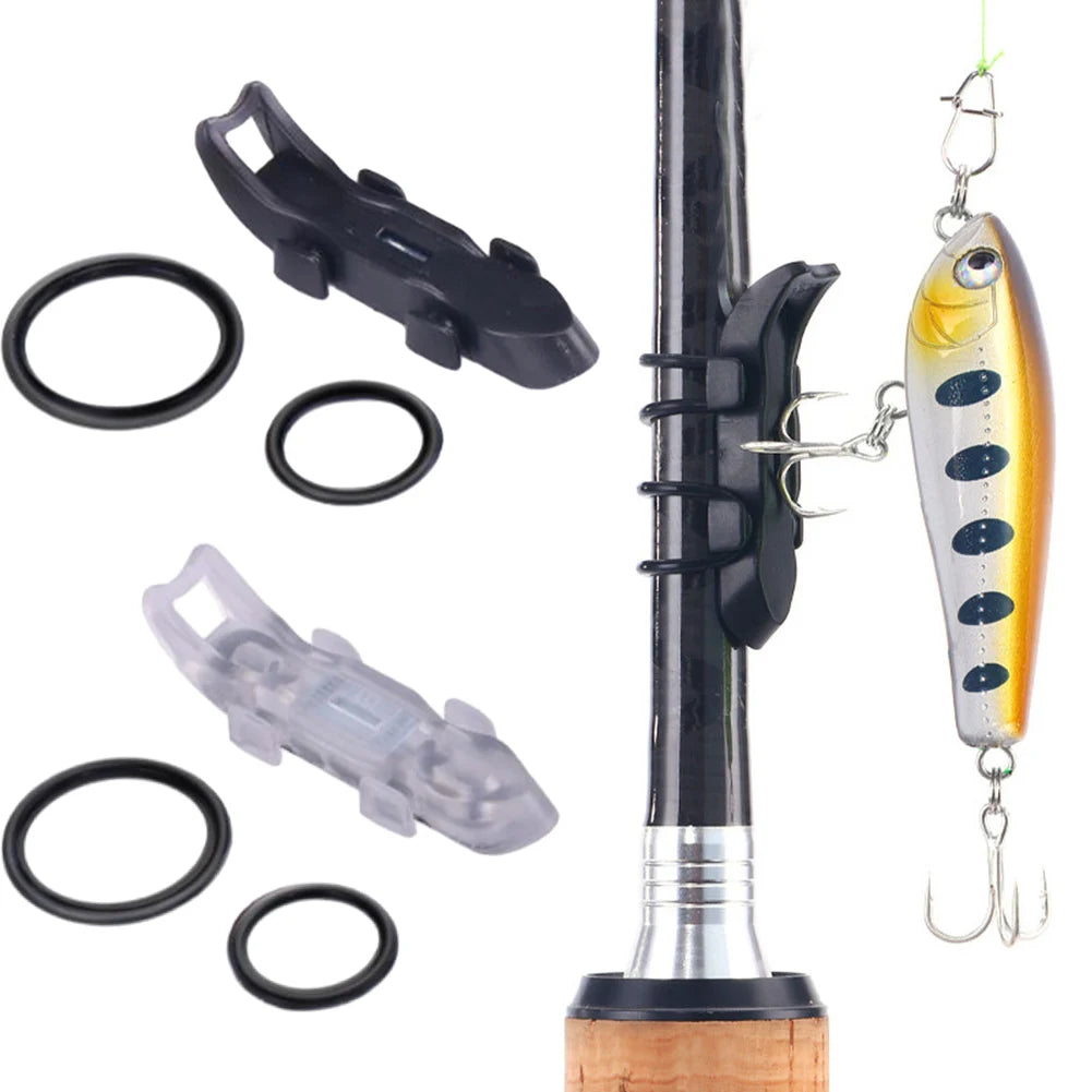 Magnetic bait hanger with non-slip rubber pad for fishing rods shown with various components