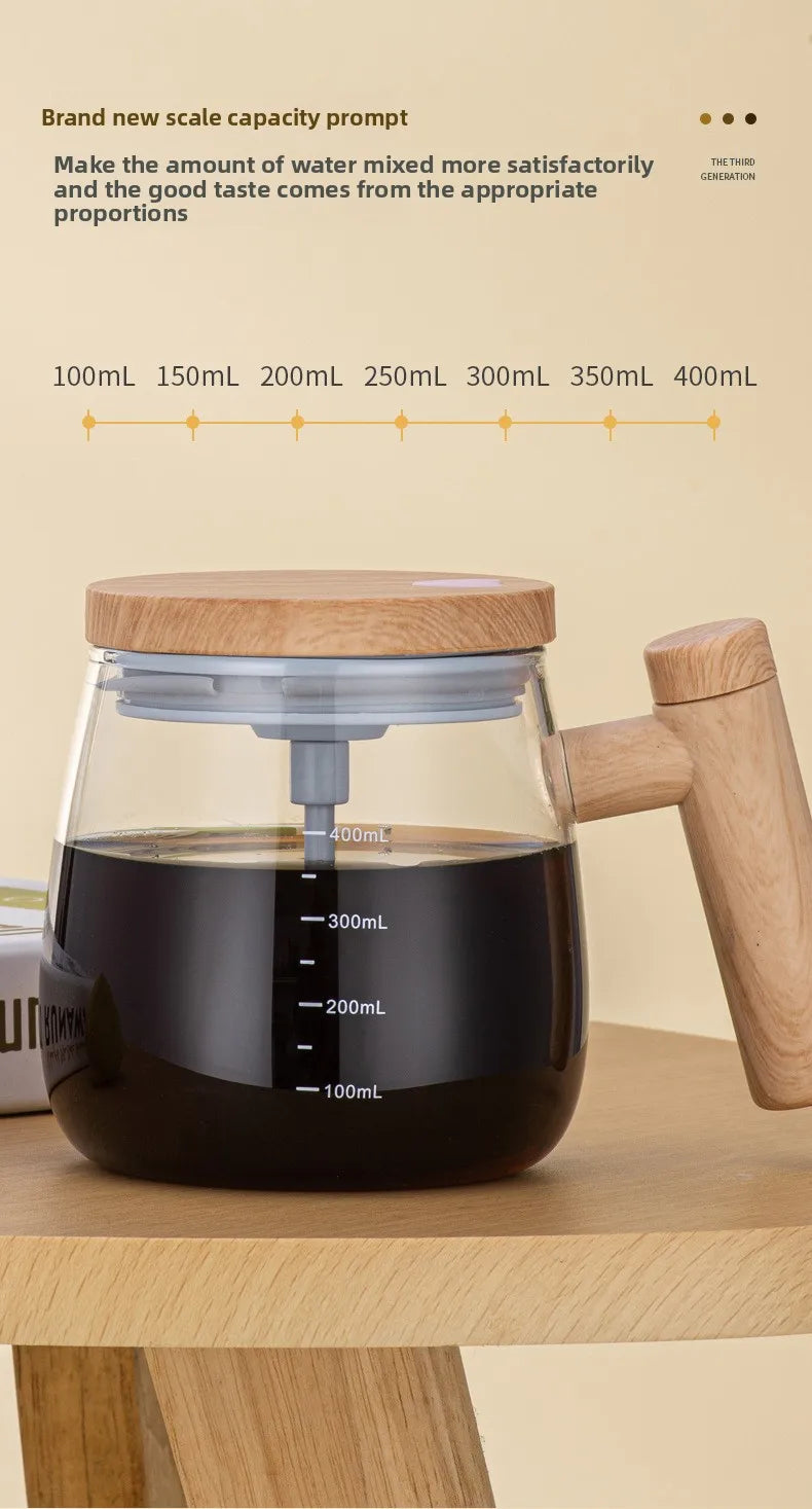 A clear glass mug filled with dark liquid is shown with a wooden handle, demonstrating various volume markings.