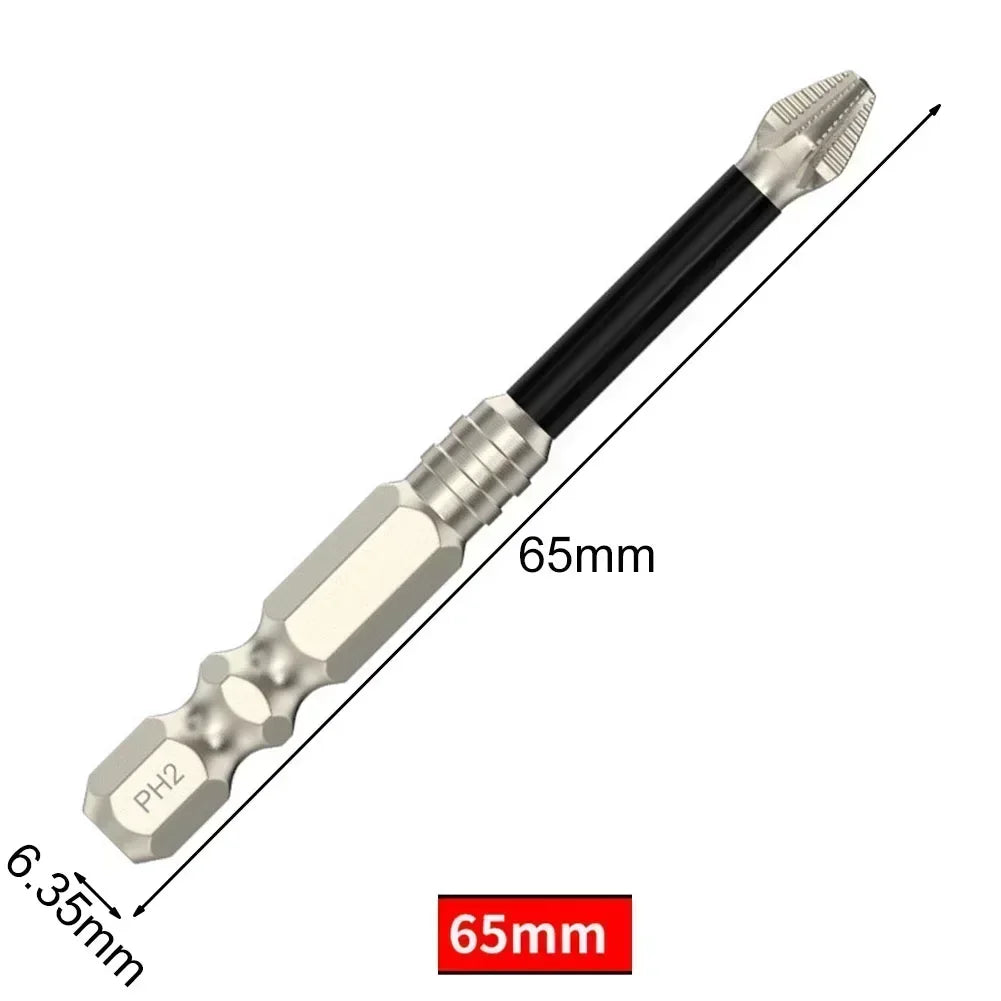 A black magnetic PH2 screwdriver bit with a hex shank and a 65mm length.