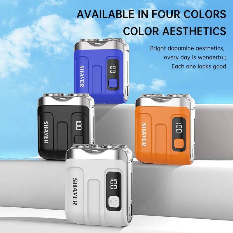 Cuatro afeitadoras eléctricas recargables mini USB de colores sobre fondo azul claro.